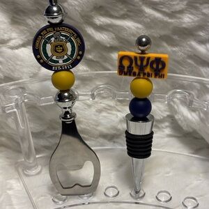 Omega Psi Phi-Bottle Opener and Wine Stopper Set - Silver, Yellow, Blue